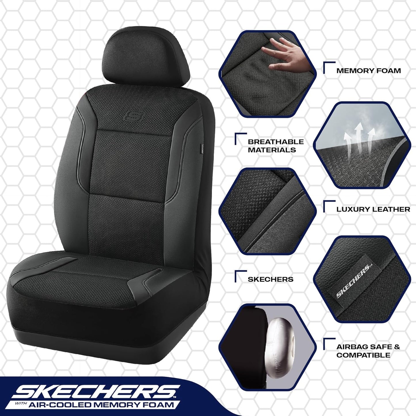 Skechers Memory Foam Seat Covers, Air Cool Mesh Thick Car Seat Covers, Car Seat Covers Front Seats Airbag Compatible, Universal Automotive Comfort for Most Cars, Vans, Trucks, SUV,Black