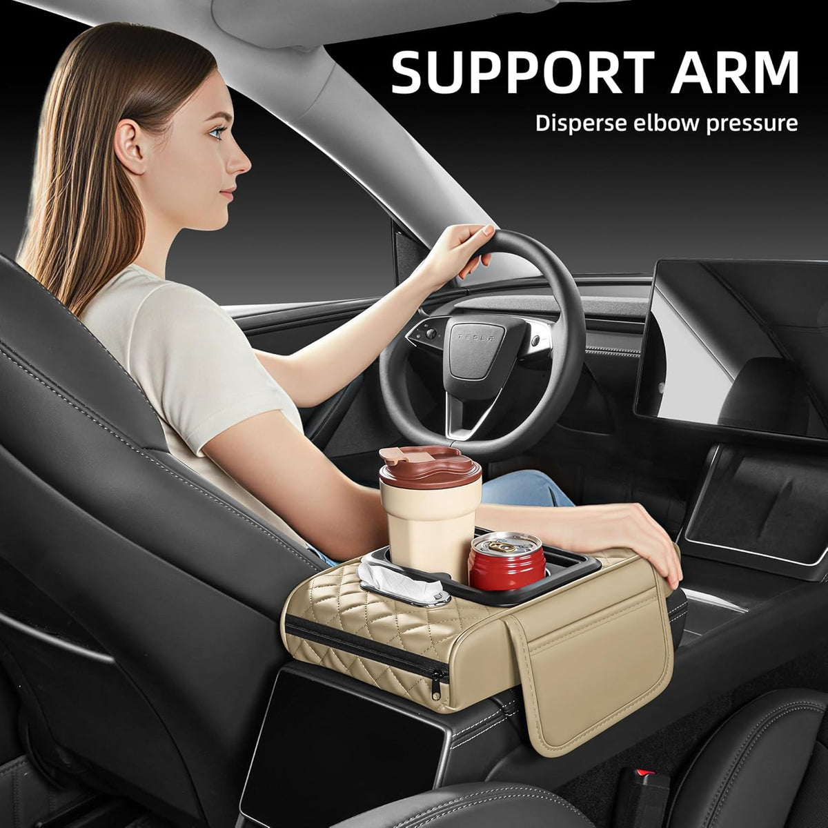 5 in 1 Car Center Console Cover, Armrest Pad with 2 Storage Pockets, Cup Holder, Tissue Slot, Phone Holder, Nappa Leather Memory Foam Car Accessories for SUV Sedan Truck (Black)