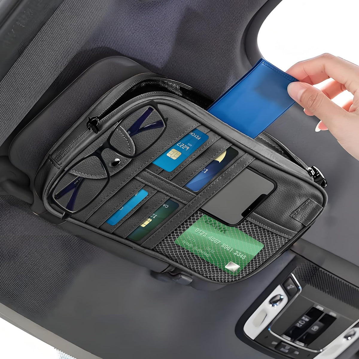 Multi-Purpose Car Visor Organizer with Sun Glass Holder & Card Holder,PU Leather Truck Visor Organizer with Multi-Pocket and Zipper,Universal Car Storage Organizers