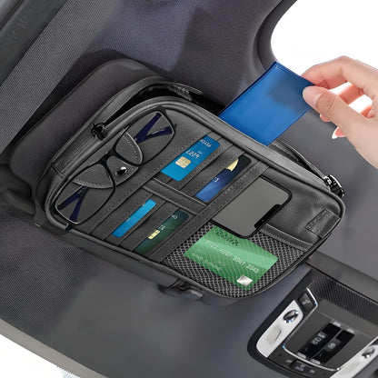 Multi-Purpose Car Visor Organizer with Sun Glass Holder & Card Holder,PU Leather Truck Visor Organizer with Multi-Pocket and Zipper,Universal Car Storage Organizers