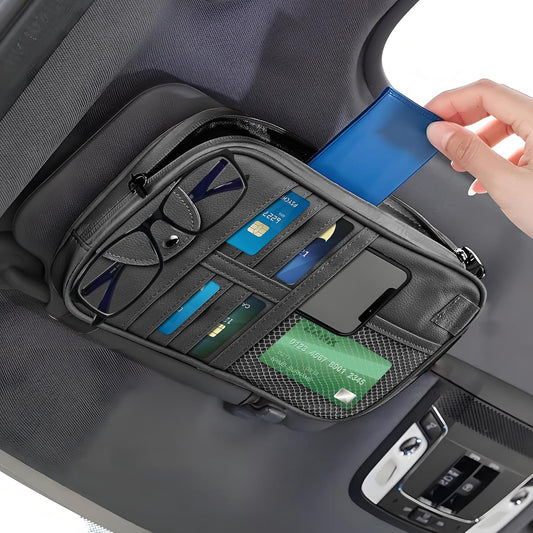 Multi-Purpose Car Visor Organizer with Sun Glass Holder & Card Holder,PU Leather Truck Visor Organizer with Multi-Pocket and Zipper,Universal Car Storage Organizers
