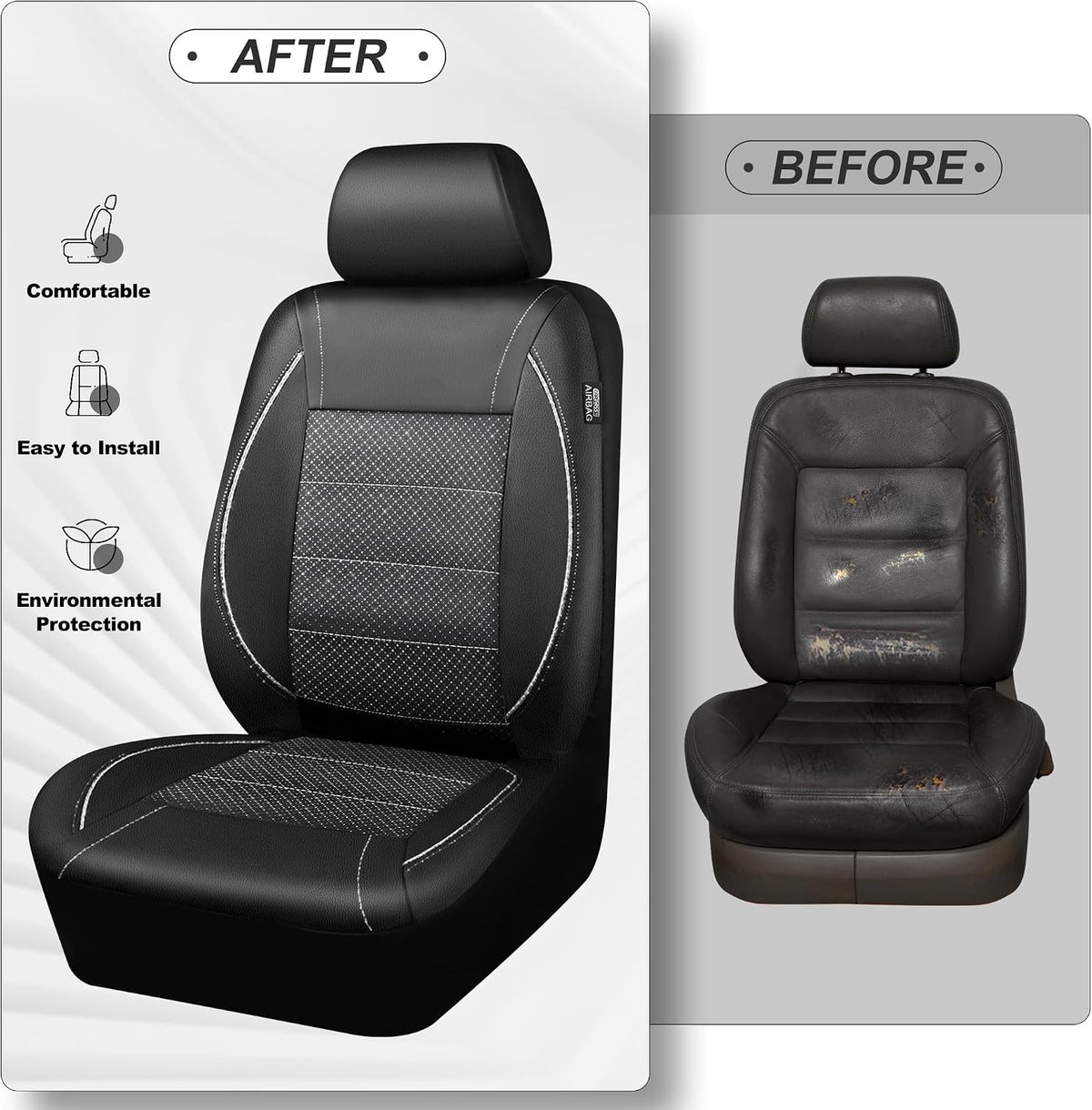 CAR PASS Universal FIT Piping Leather Two Front Seat Covers, Waterproof Faux Leather for SUV Sedan Van Truck, Airbag Compatible,Reserved Opening Holes for Headrest Covers. (Black red)