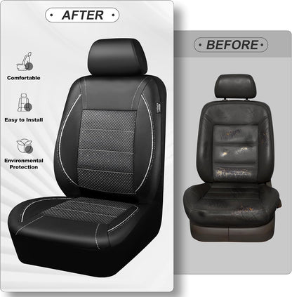 CAR PASS Universal FIT Piping Leather Two Front Seat Covers, Waterproof Faux Leather for SUV Sedan Van Truck, Airbag Compatible,Reserved Opening Holes for Headrest Covers. (Black red)