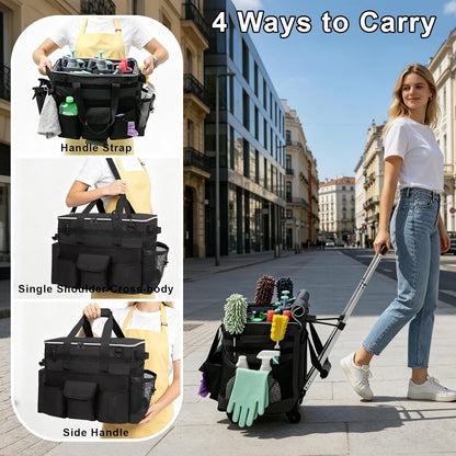 Wearable Large Cleaning Caddy Bag for Housekeeper, Clean Supply Organizer with Adjustable Shoulder, Waist & Handle Straps, Detailing Bag for Kitchen Supplies (Black)