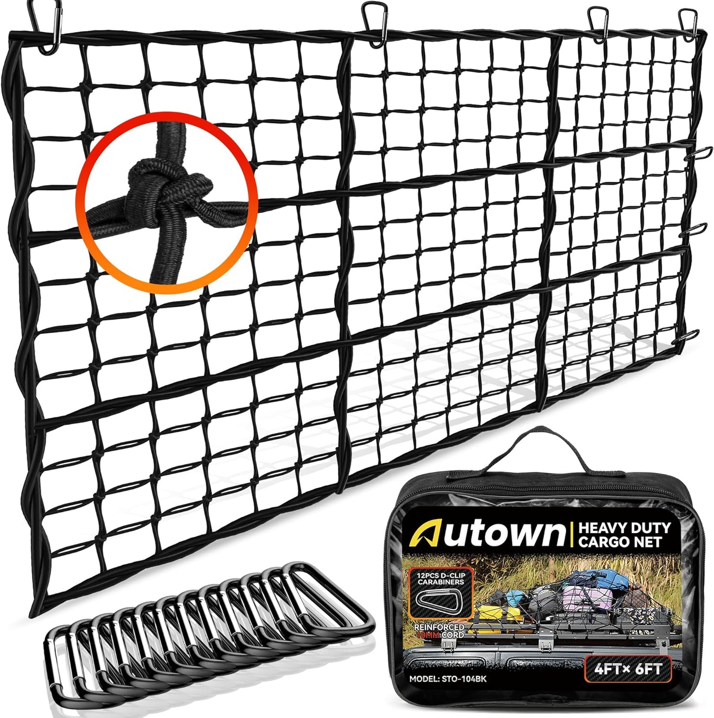 AUTOWN Cargo Net for Pickup Truck Bed - Stretchable 4' x 6' to 8' x 12' with 4" x 4" Mesh, Heavy Duty 10mm Cord Bungee Bed Netting with 12 Metal Carabiners - Ideal for ATV, SUV, UTV and Truck