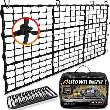 AUTOWN Cargo Net for Pickup Truck Bed - Stretchable 4' x 6' to 8' x 12' with 4" x 4" Mesh, Heavy Duty 10mm Cord Bungee Bed Netting with 12 Metal Carabiners - Ideal for ATV, SUV, UTV and Truck