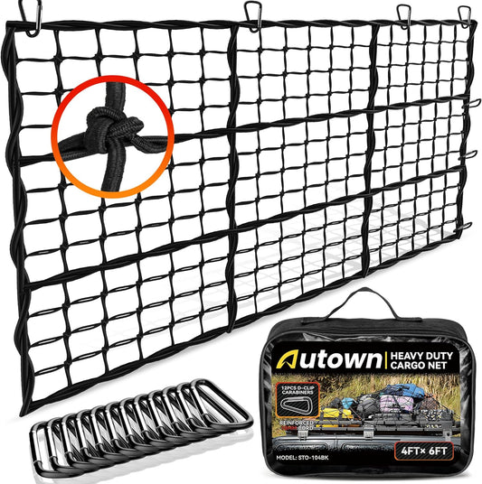 AUTOWN Cargo Net for Pickup Truck Bed - Stretchable 4' x 6' to 8' x 12' with 4" x 4" Mesh, Heavy Duty 10mm Cord Bungee Bed Netting with 12 Metal Carabiners - Ideal for ATV, SUV, UTV and Truck
