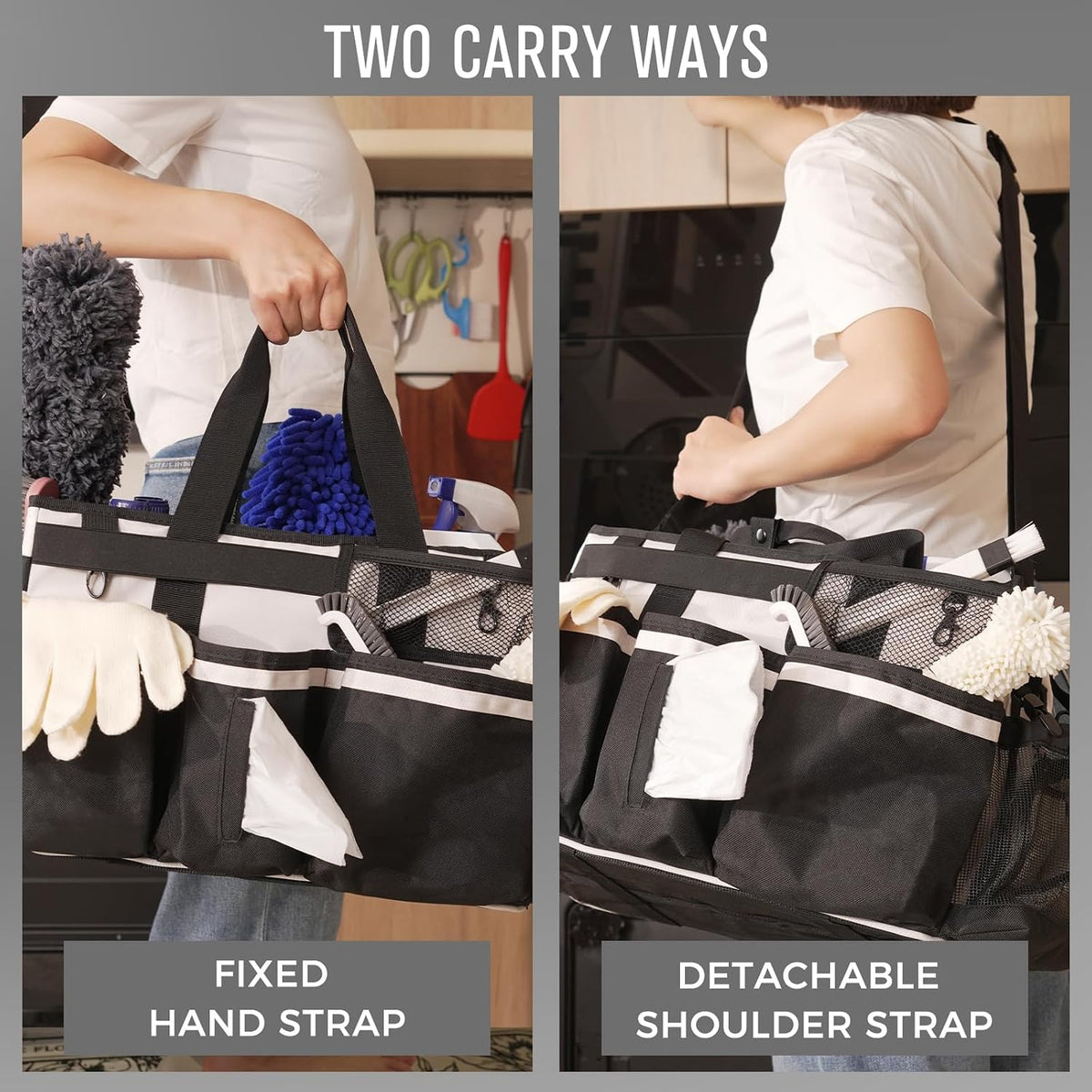 SCAVATA Wearable Cleaning Caddy Organizer with Handle & Shoulder Straps for Housekeepers, Under Sink & Car Cleaning Tool Organizer Bag with 4 Foldable Dividers (Green)