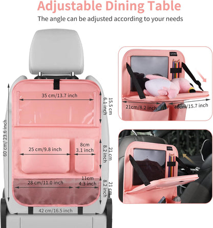 LUCMO Car Backseat Organizer with Tablet Holder,6 Storage Pockets Car Storage Organizer with Foldable Food Tray,Protectors Kick Mats Travel Accessories-Black