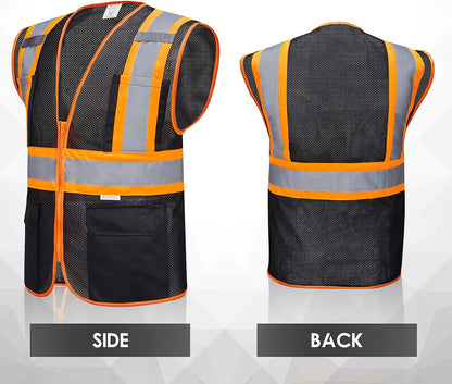 High Visibility Reflective Safety Vest with Zipper and Pockets Orange,M