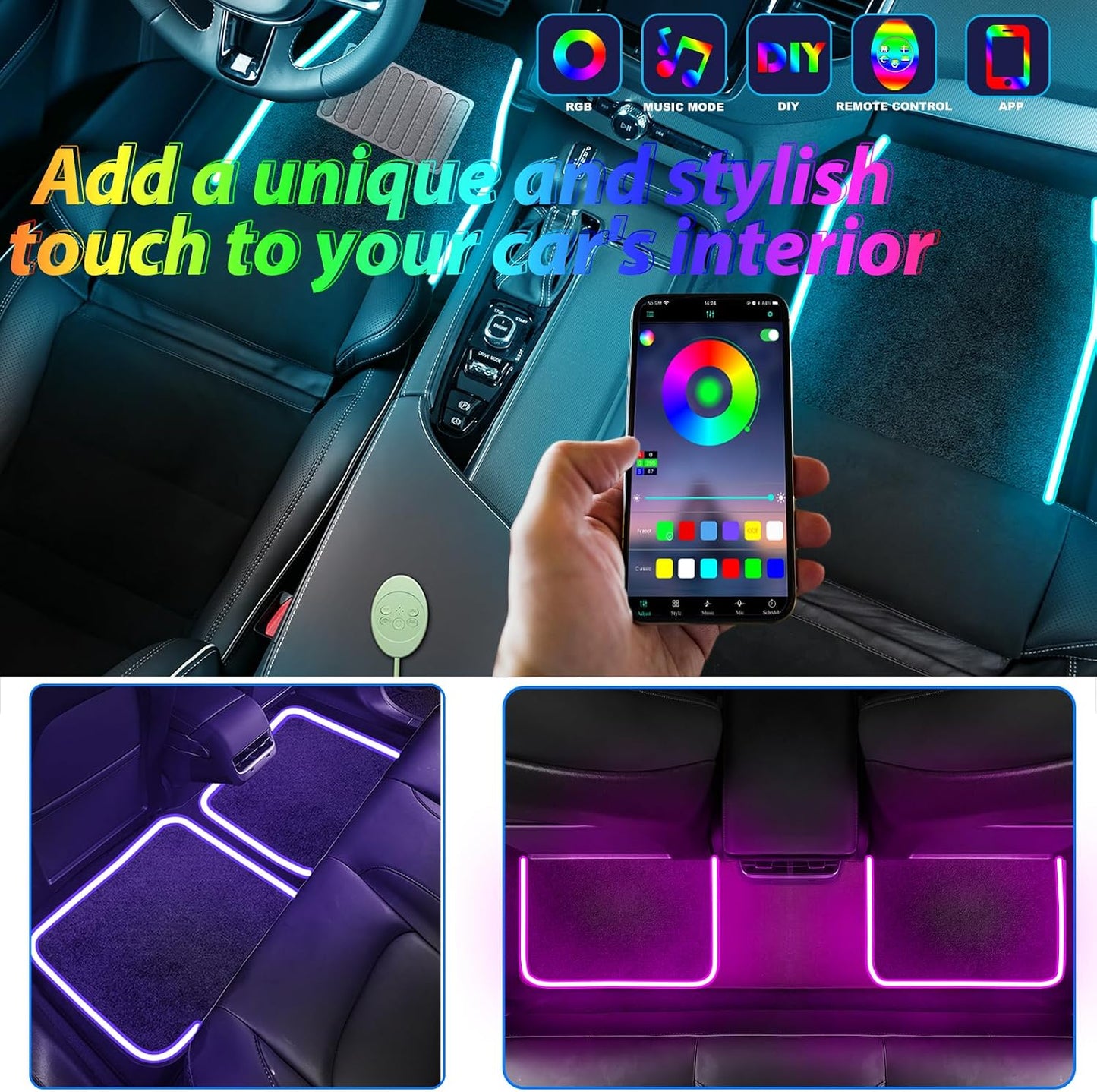 Soft Car Floor Mats With Led Strip Light, Universal Fit Black Automotive Carpet, App Control Interior Car Lights Floor Mats, Anti-Slip Waterproof RGB Car Decor Accessories For SUV, Trucks, Sedan,Jeeps