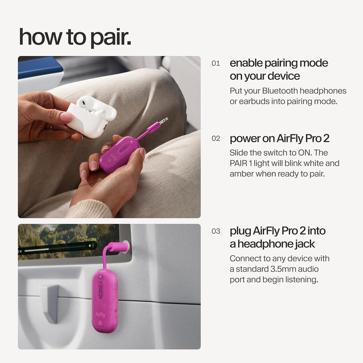 AirFly Pro 2 Deluxe – Bluetooth Adapter for Airplane, Pair 2 AirPods or Wireless Headphones – 3.5mm AUX Bluetooth Transmitter/Receiver for Cars, Boats, Treadmills, TVs – Airplane Travel Essentials
