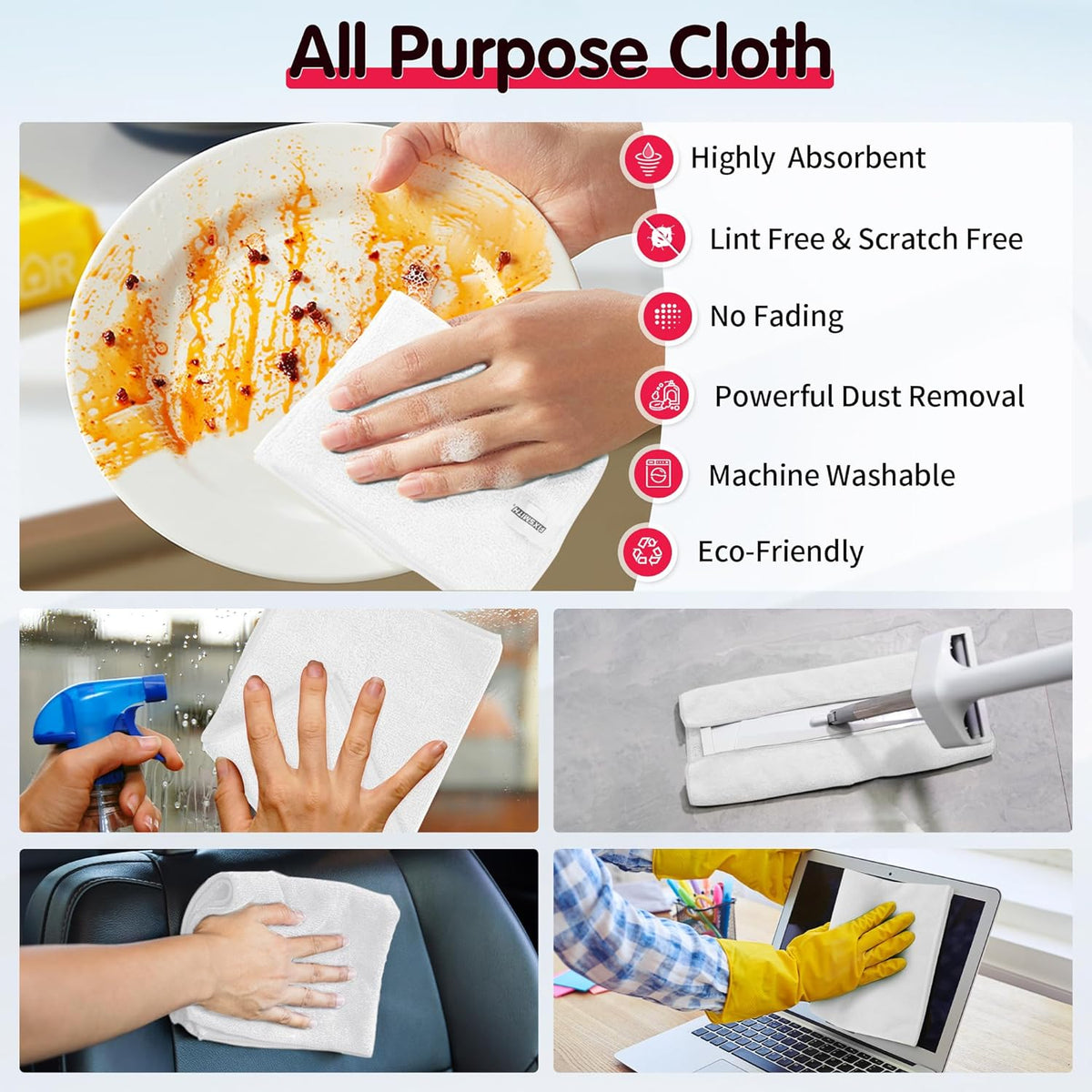 FIXSMITH Microfiber Cleaning Cloth - Pack of 50, Microfiber Towels for Cars 16 x 12 in, Highly Absorbent Cleaning Rags, Lint-Free, Streak-Free Cleaning Cloths for Car Kitchen Home Office