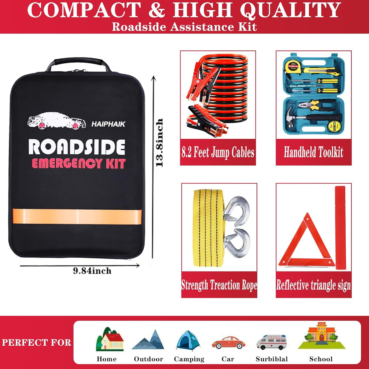 Car Emergency Kit with Jumper Cables Car Safety Kit Vehicle Emergency | Car Emergency Kits for Vehicles Headlamps, Car Glasses Holder, Safety Hammer, Ideal Gifts for New Drivers