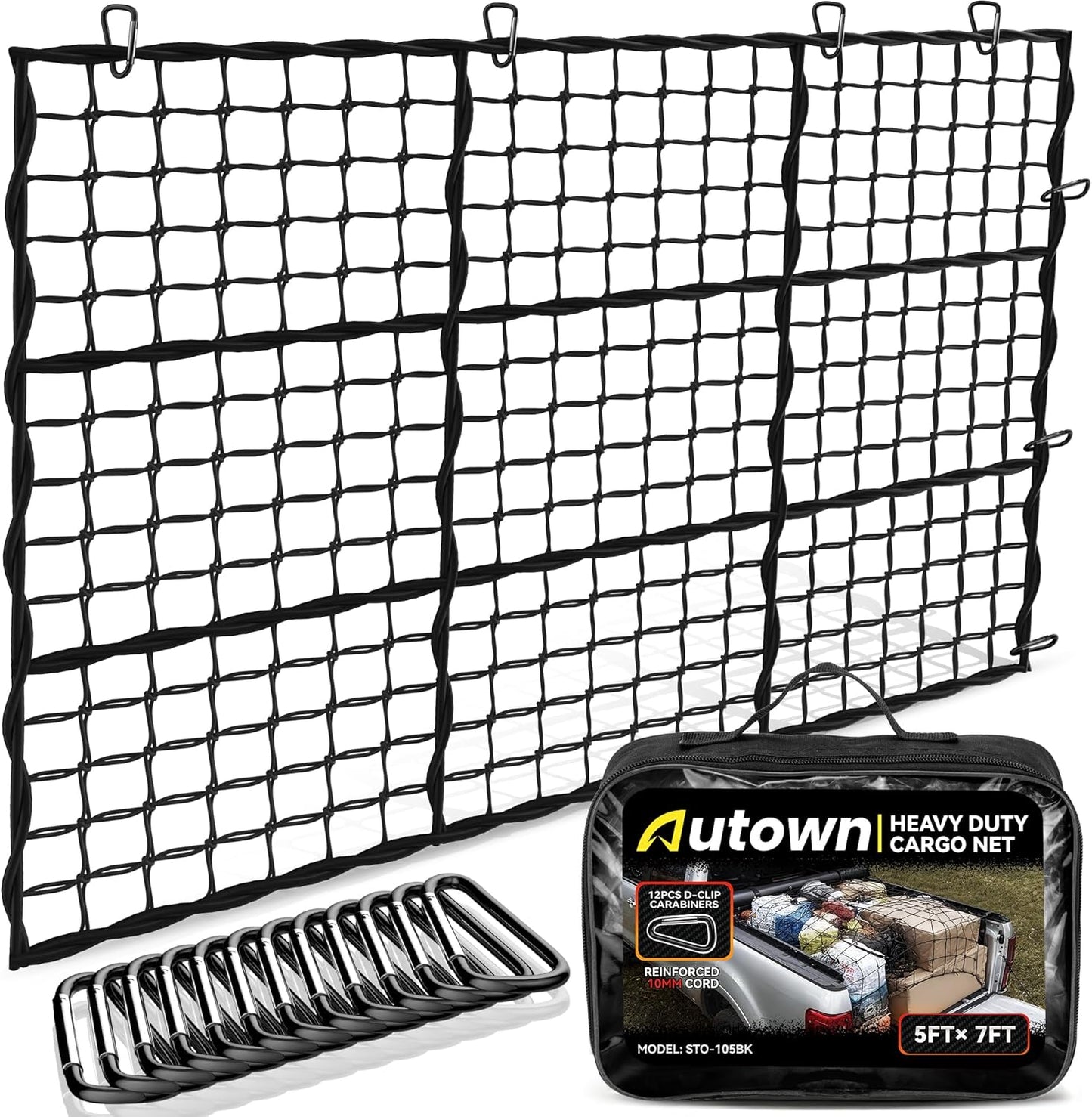 AUTOWN Cargo Net for Pickup Truck Bed - Stretchable 4' x 6' to 8' x 12' with 4" x 4" Mesh, Heavy Duty 10mm Cord Bungee Bed Netting with 12 Metal Carabiners - Ideal for ATV, SUV, UTV and Truck