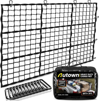 AUTOWN Cargo Net for Pickup Truck Bed - Stretchable 4' x 6' to 8' x 12' with 4" x 4" Mesh, Heavy Duty 10mm Cord Bungee Bed Netting with 12 Metal Carabiners - Ideal for ATV, SUV, UTV and Truck