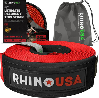Rhino USA Recovery Tow Strap (3" x 20') - 31,518lb Break Strength - Emergency Recovery Strap Tow Rope for Truck, UTV, ATV & More - Heavy Duty Towing Strap for Offroad 4x4 Use - Compatible with Jeep