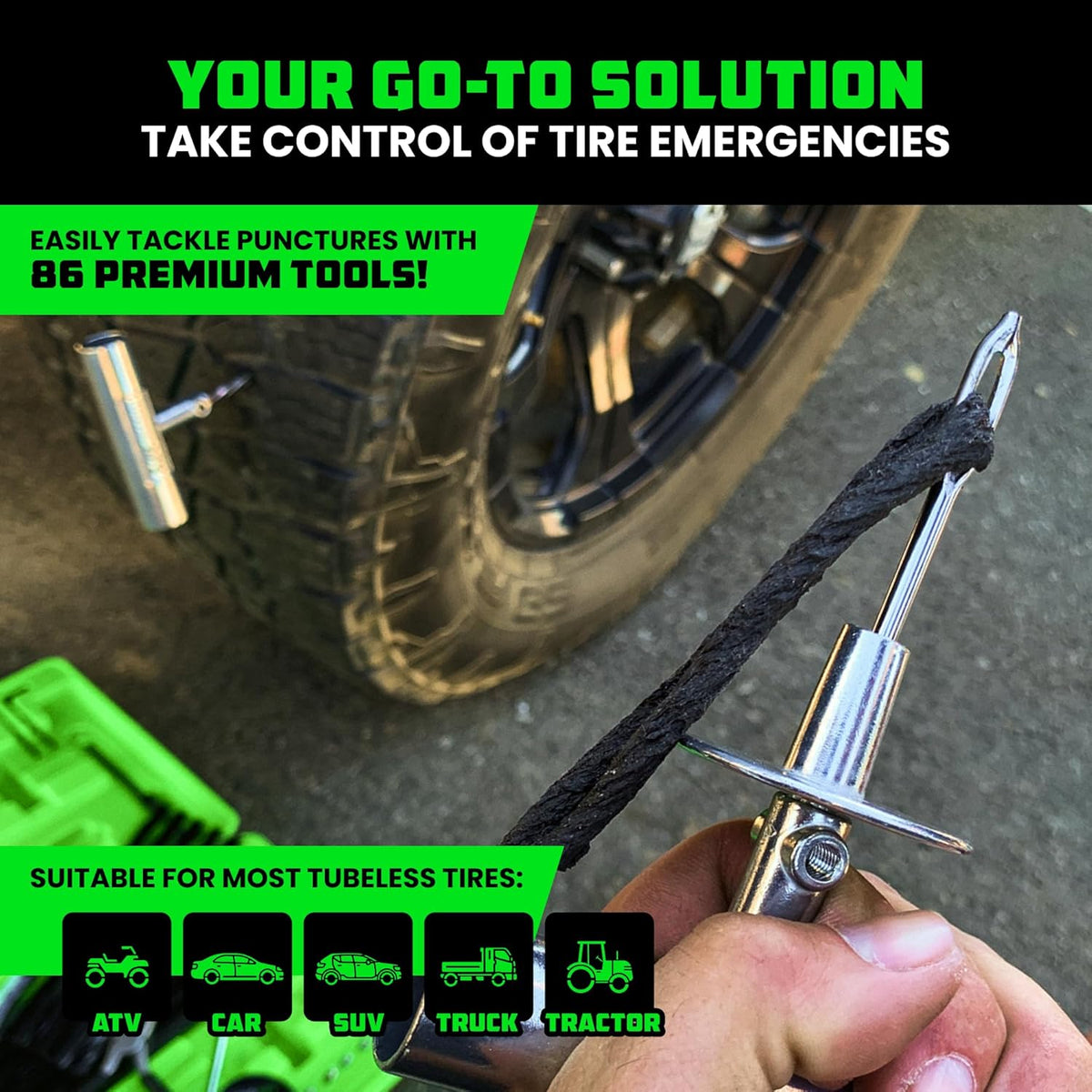 Rhino USA Tire Repair Kit (86-Piece) Professional Heavy Duty Tire Plug Kit to Fix Punctures & Patch Flats with Ease - Ultimate Tubeless Tire Repair Tools for Car, Motorcycle, ATV, UTV, RV and Trailer