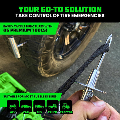 Rhino USA Tire Repair Kit (86-Piece) Professional Heavy Duty Tire Plug Kit to Fix Punctures & Patch Flats with Ease - Ultimate Tubeless Tire Repair Tools for Car, Motorcycle, ATV, UTV, RV and Trailer