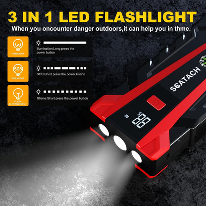 Scatach 3000A Car Battery Jump Starter,12V Jump Starter Battery Pack Portable (up to 9.0L Gasoline and 7.0L Diesel Engine), Jump Box with 3 Modes Flashlight and Jumper Cables