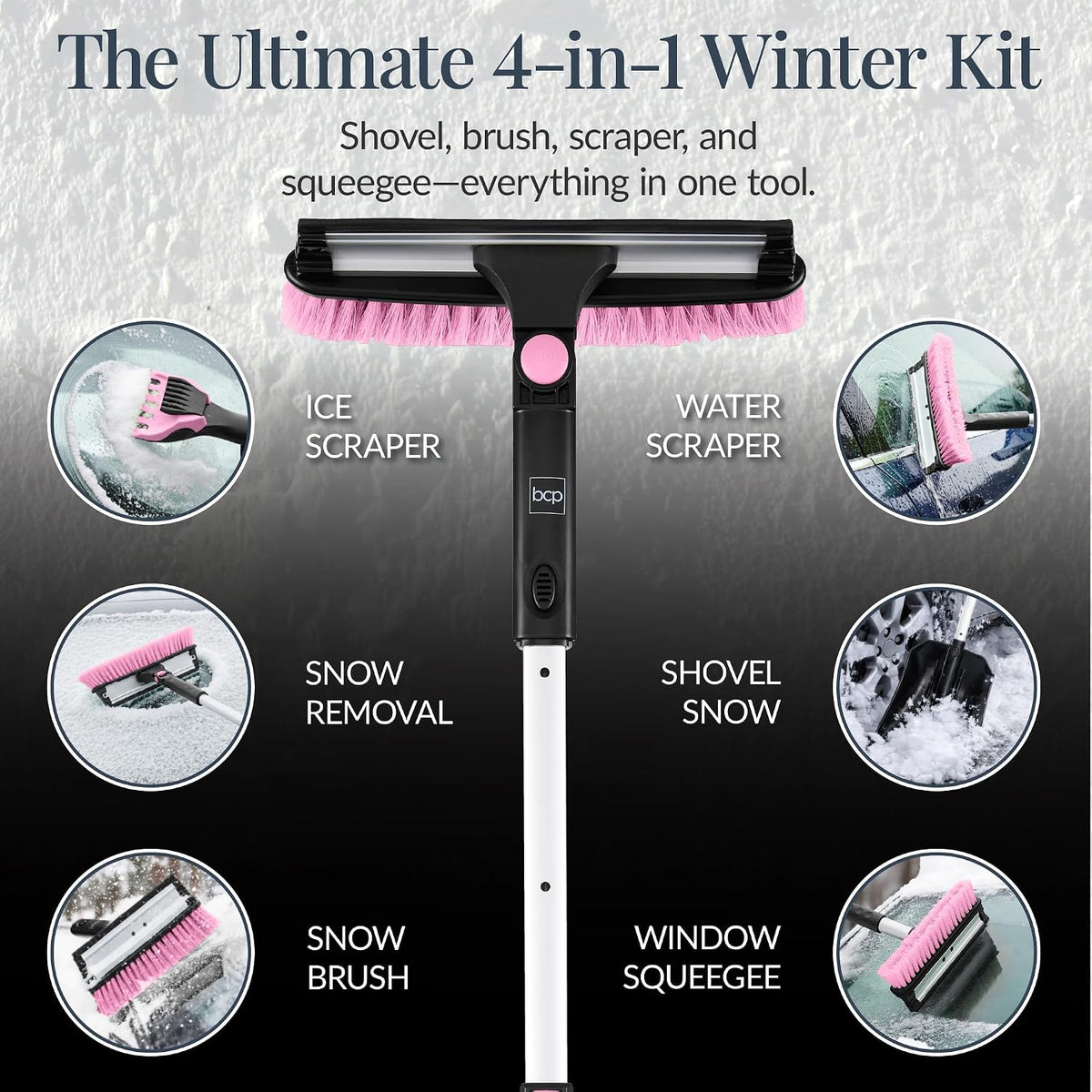 Best Choice Products Snow Brush with Squeegee & Ice Scraper, Up to 39" Extendable Foam Grip, 270° Pivoting Snow Brush for Car Truck SUV, Storage Bag Included - Pink