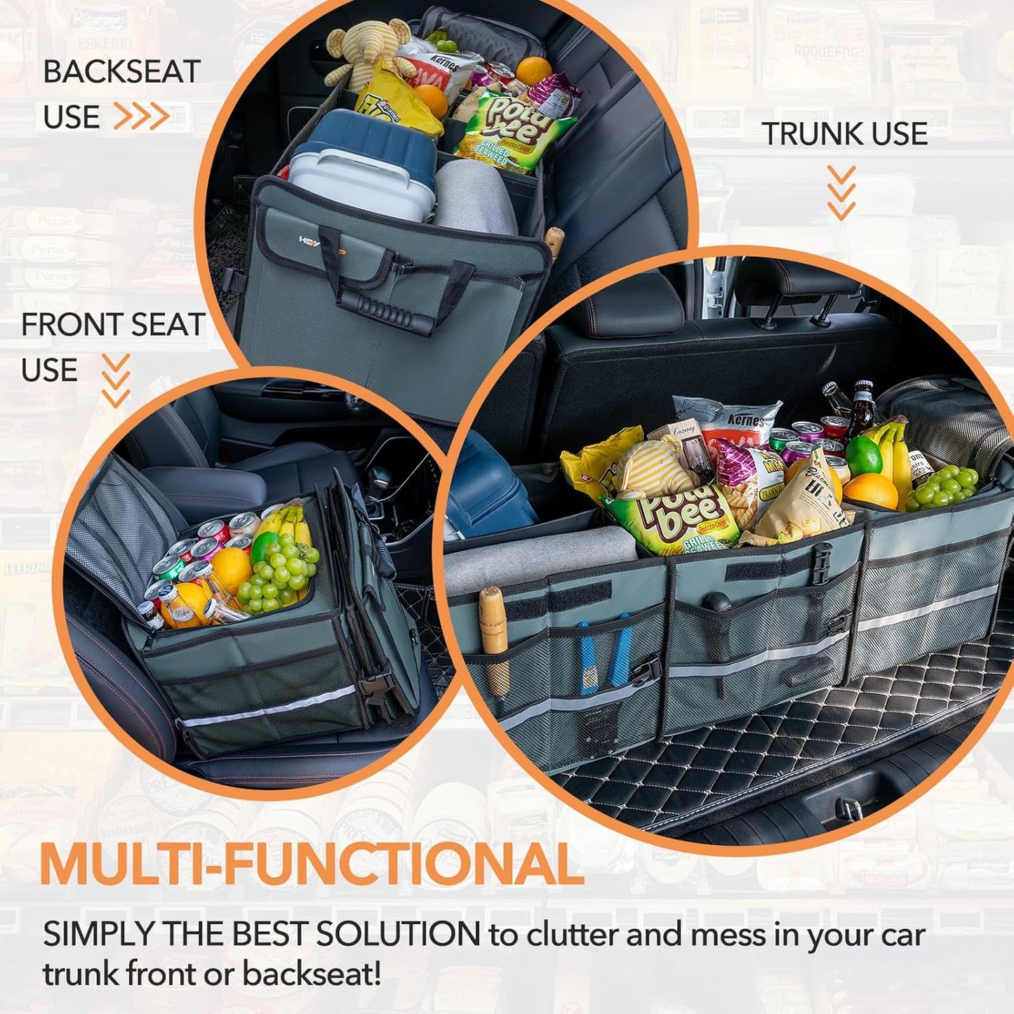 HEYTRIP Large Trunk Organizer With Built-in Leakproof Cooler Bag, 2 Tie-Down Straps, 4 Removable Dividers, Foldable Cover, Built with 2mm PE Board
