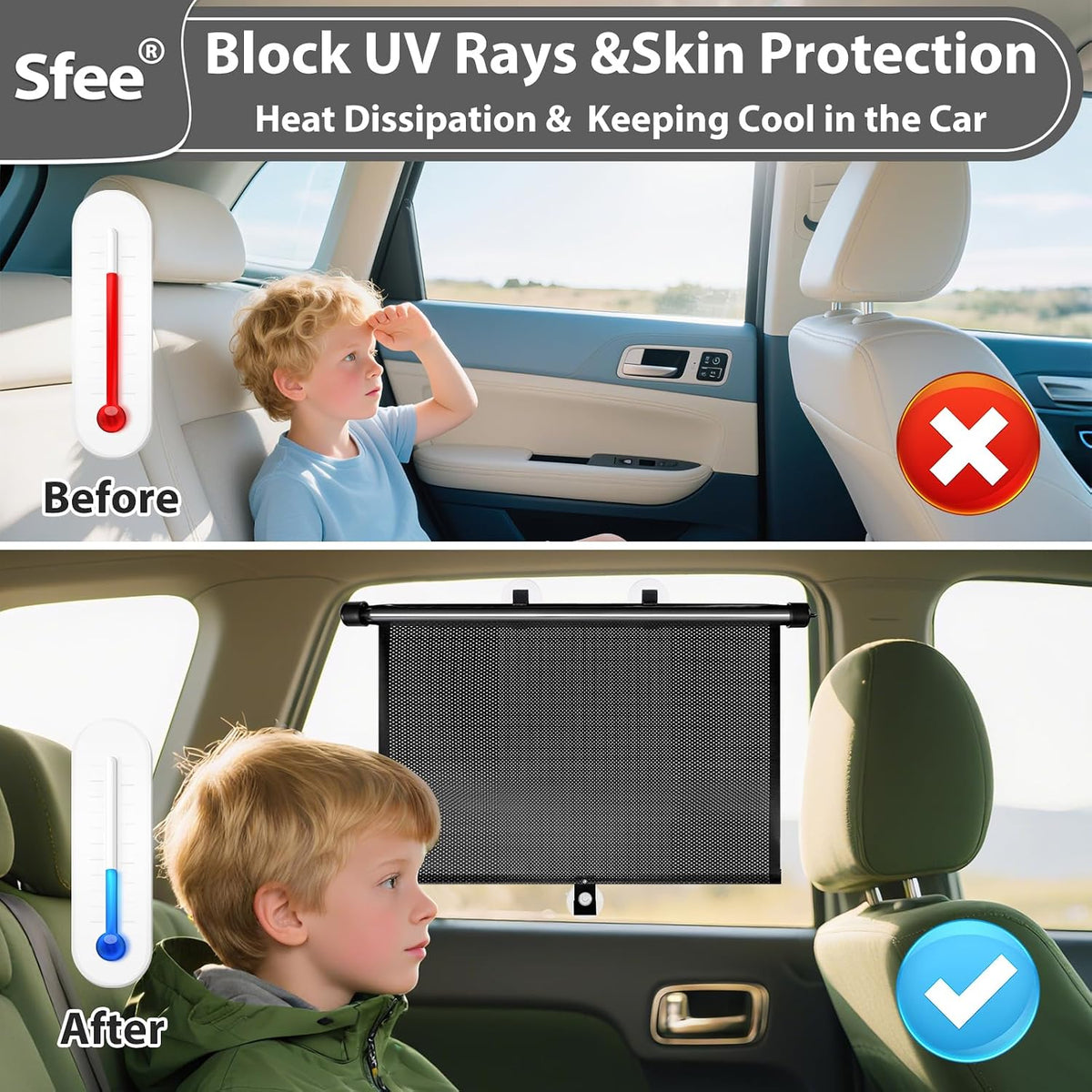 Sfee Car Window Shade for Side Windows, 2 Pack Sun Shade Retractable for Car Blocks Heat and UV Rays Glare Protection Roller Sunshade Visor for Baby, Kids, Pets, Passengers