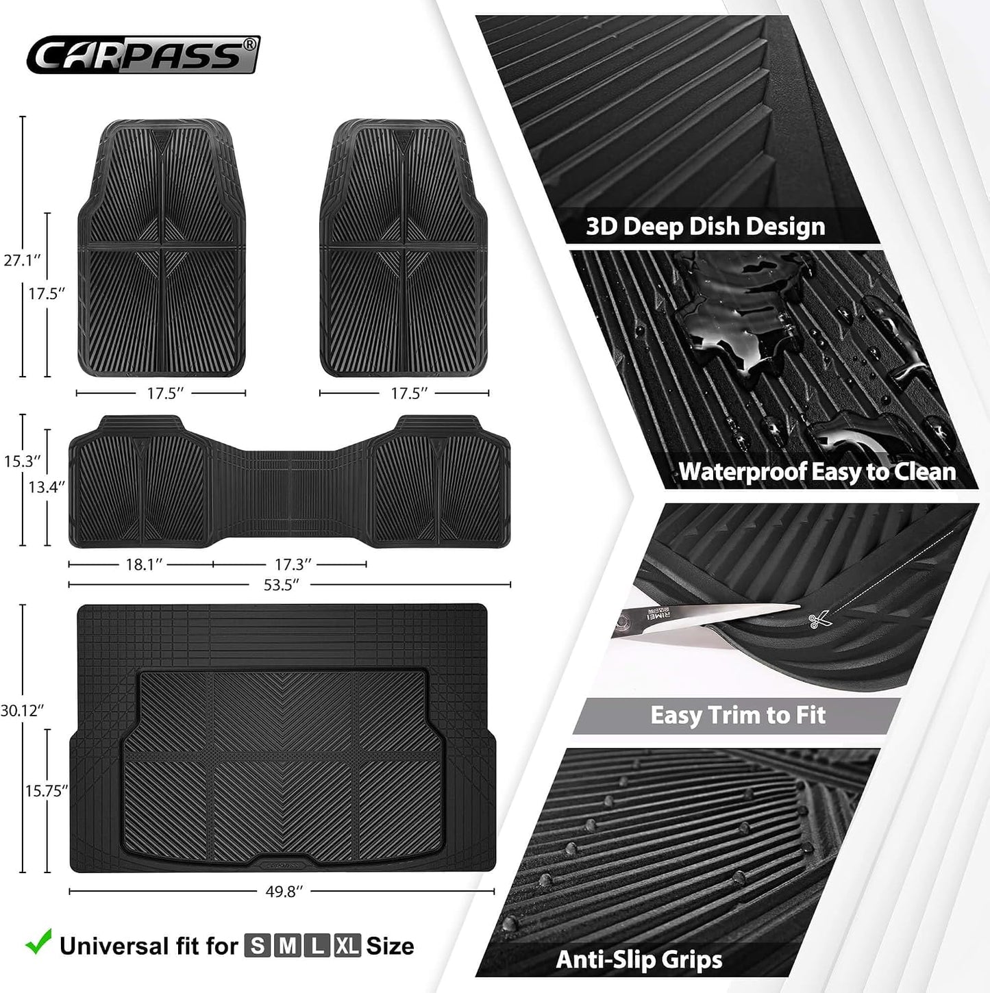 CAR PASS Rubber Floor Mats, All Weather Waterproof Trim-to-Fit Automotive Mats for Cars Trucks SUV, Anti-Slip Easy Clean, Heavy Duty Full Set 3-Piece, All Black