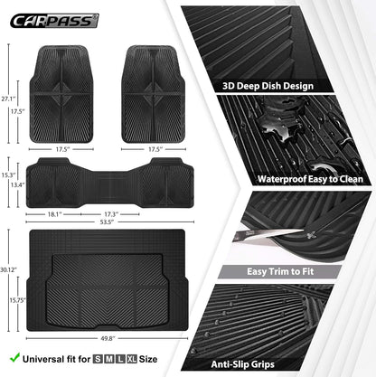 CAR PASS Rubber Floor Mats, All Weather Waterproof Trim-to-Fit Automotive Mats for Cars Trucks SUV, Anti-Slip Easy Clean, Heavy Duty Full Set 3-Piece, All Black