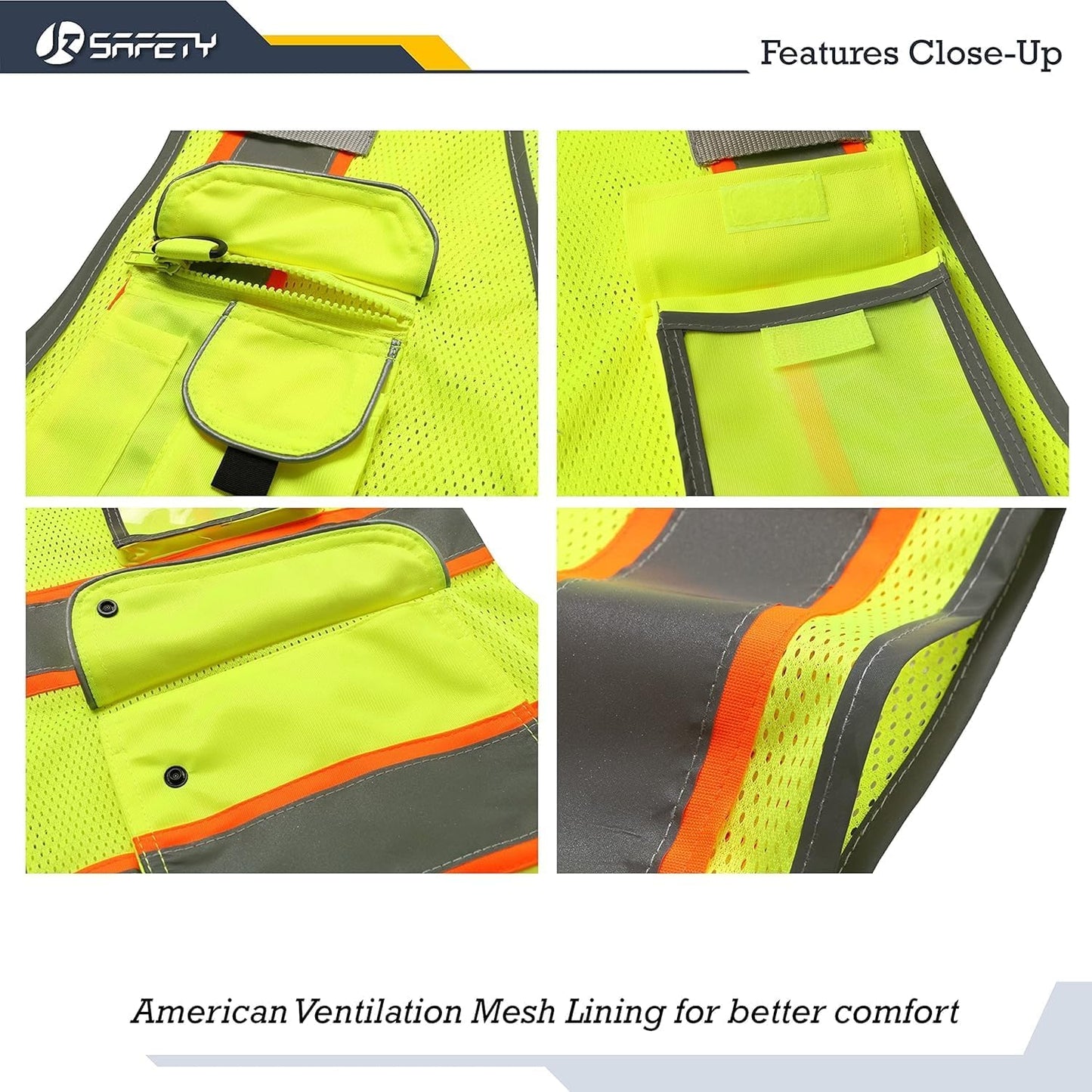 JKSafety 9 Pockets Class 2 High Visibility Zipper Front Safety Vest With Reflective Strips,Meets ANSI/ISEA Standard (Large, 150-Yellow) - Colors A
