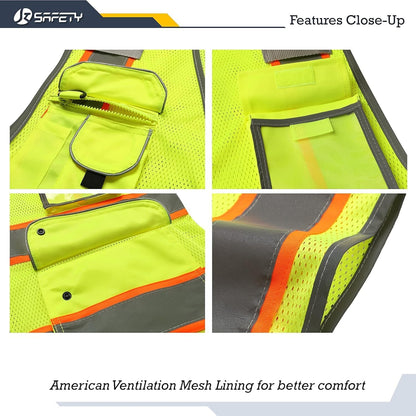 JKSafety 9 Pockets Class 2 High Visibility Zipper Front Safety Vest With Reflective Strips,Meets ANSI/ISEA Standard (Large, 150-Yellow) - Colors A