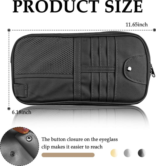 Multi-Purpose Car Visor Organizer with Sun Glass Holder & Card Holder,PU Leather Truck Visor Organizer with Multi-Pocket and Zipper,Universal Car Storage Organizers