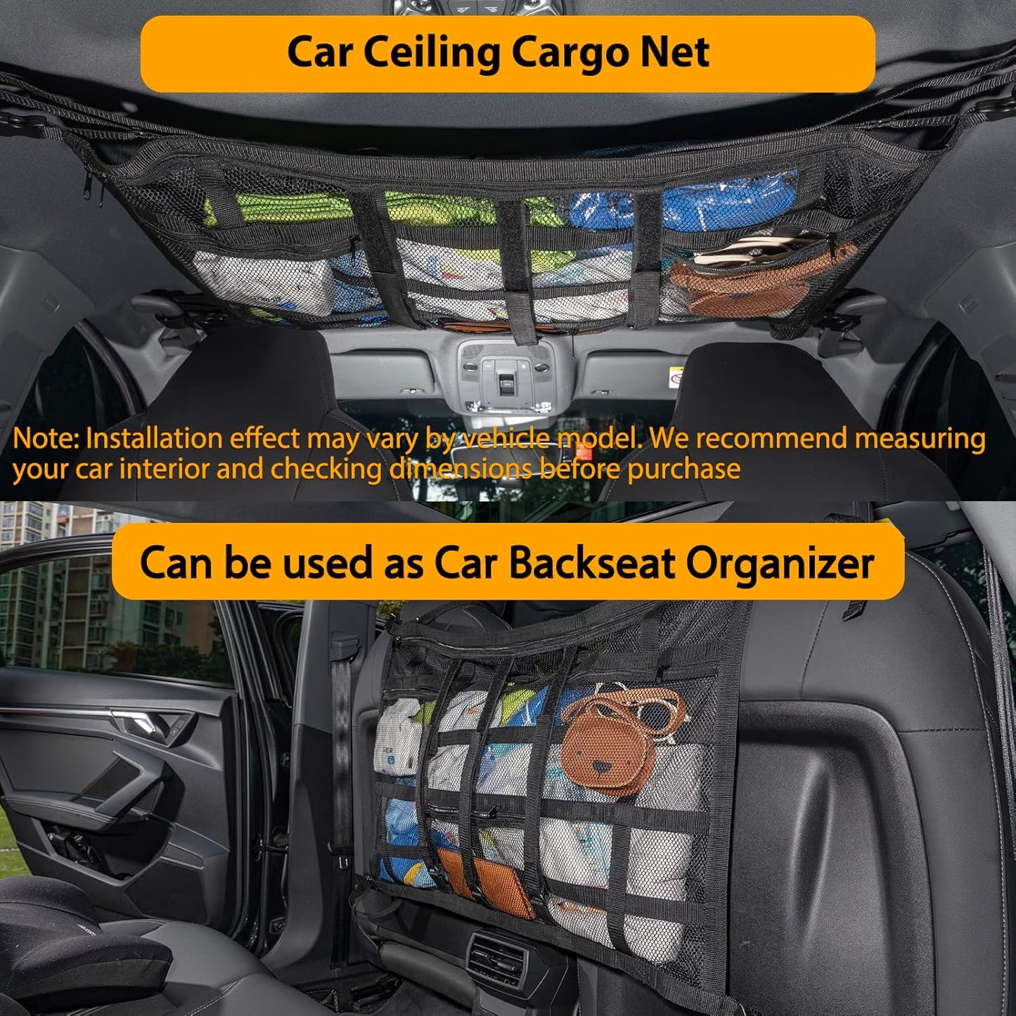 Car Ceiling Cargo Net with 3 Pockets,31.5"x21.6" Car Overhead Storage Mesh Organizer,Double Layer Roof Mesh Camping Overlanding Gear Must Haves Cargo Net,Road Trip Essentials (31.5"x 21.6")