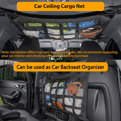 Car Ceiling Cargo Net with 3 Pockets,31.5"x21.6" Car Overhead Storage Mesh Organizer,Double Layer Roof Mesh Camping Overlanding Gear Must Haves Cargo Net,Road Trip Essentials (31.5"x 21.6")