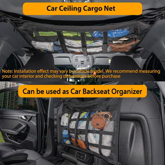Car Ceiling Cargo Net with 3 Pockets,31.5"x21.6" Car Overhead Storage Mesh Organizer,Double Layer Roof Mesh Camping Overlanding Gear Must Haves Cargo Net,Road Trip Essentials (31.5"x 21.6")