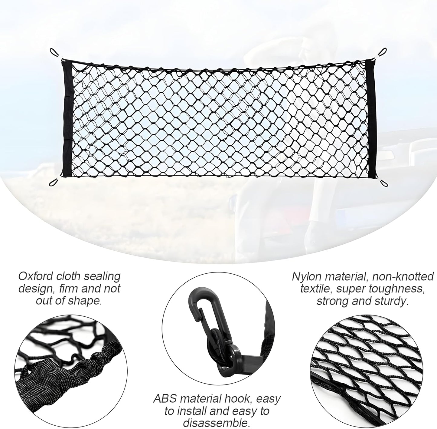 Osilly Car Rear Cargo Net, Double-Layer Adjustable Stretchable Elastic Storage Organizer Net, Trunk Cargo Storage Mesh Net with Hooks, Car Interior Accessories Fit for Vehicle, Trucks, SUV (Large)