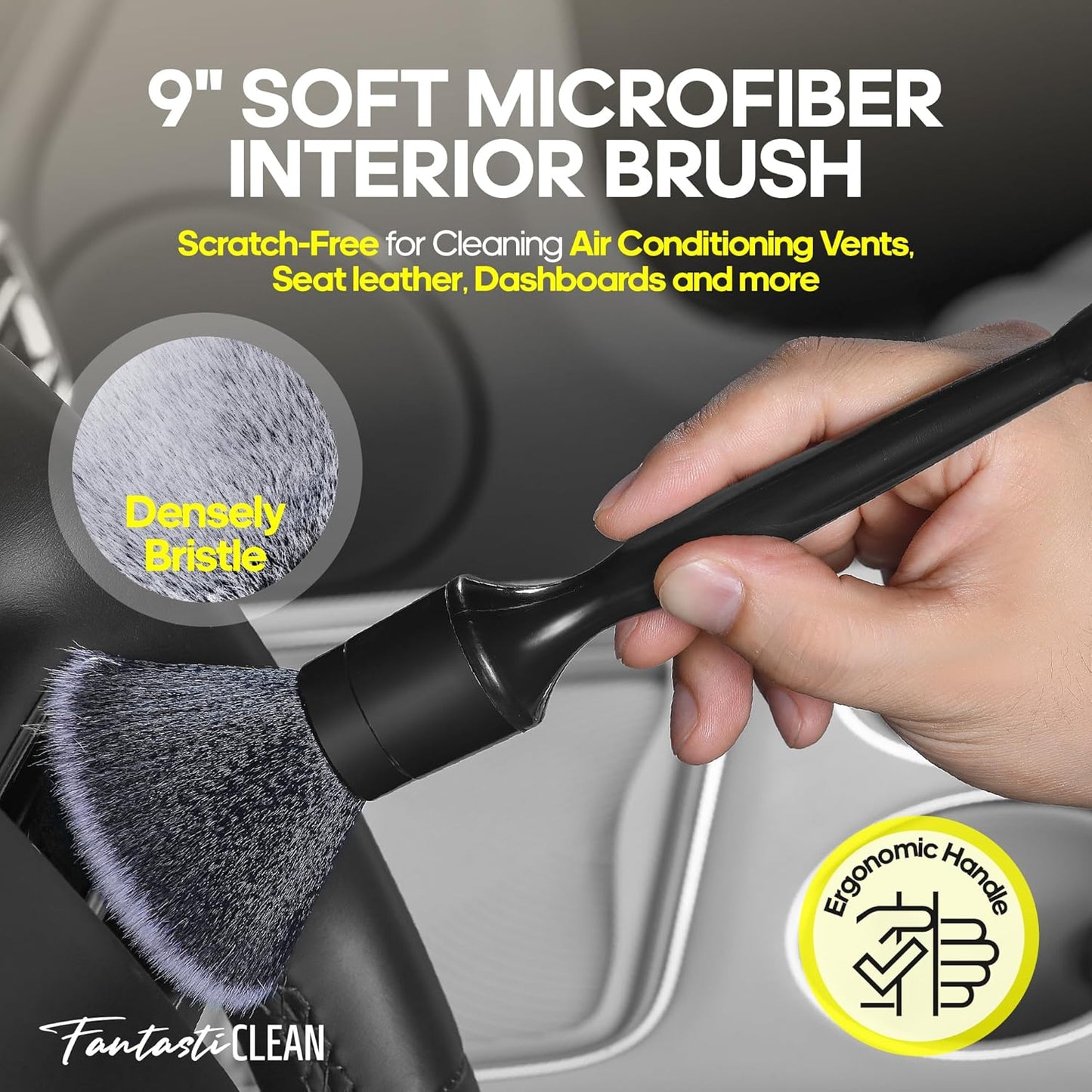 Fantasticlean 9PCS Car Interior Detailing Set, Microfiber Cloth & Applicator, Single-Head Detailing Brushes, Natural Bristles, Scratch-Free & Ultra-Soft for Seats Leather Care or Cleaning