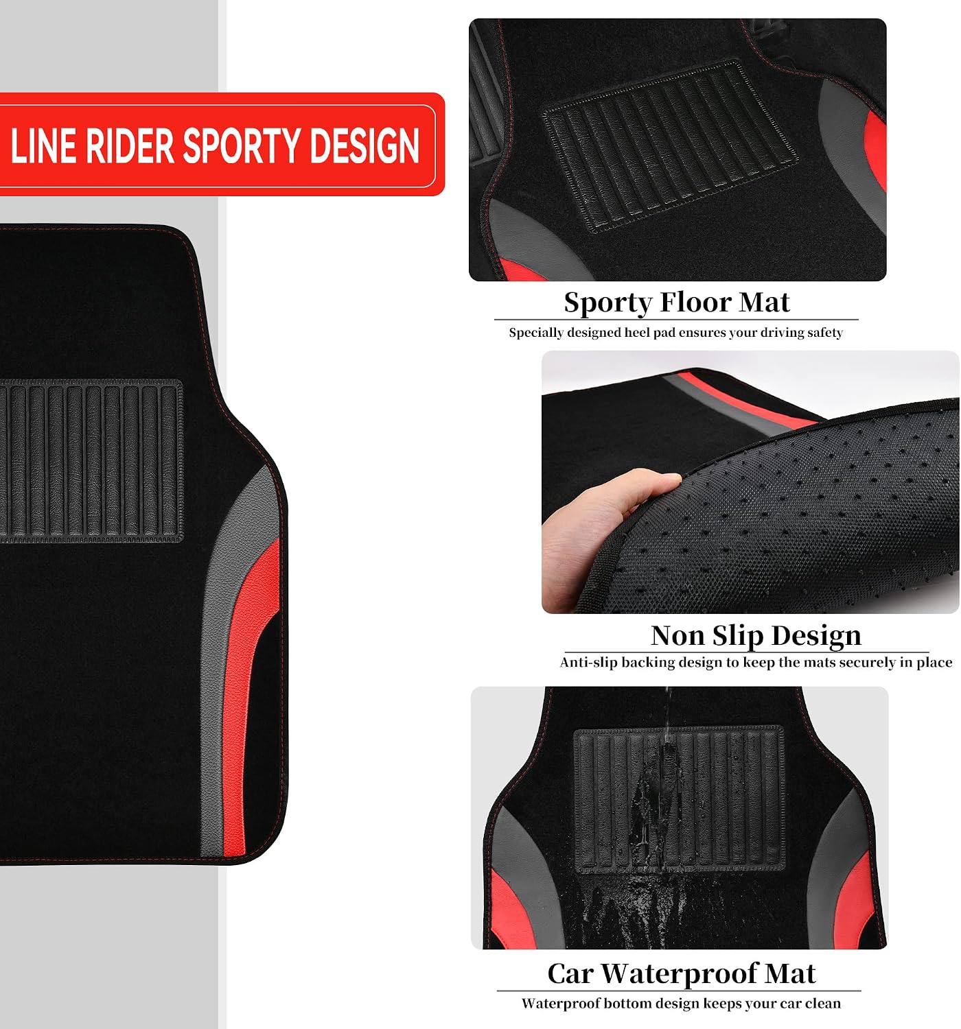 CAR PASS Leather Waterproof Sporty Car Floor Mats Carpet,Universal Automotive Floor Mat Fit for Sedans, Cars, Mid Trucks, Vans, SUV, Set of 4 (Black and Gray)