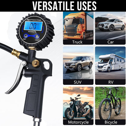 Digital Tire Pressure Gauge with Inflator, 3-250 PSI Air Compressor Accessories with Air Chuck Quick Connect Coupler, Car Attachments with Rubber Hose for Car, Truck, SUV, Cycle, RV