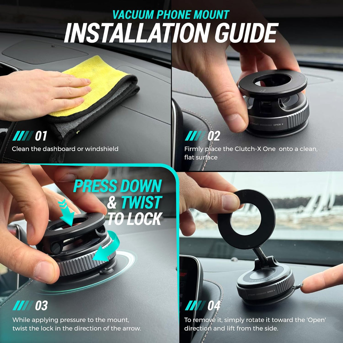 CARMOUNT Clutch-X™ Black – Vacuum Phone Mount Suction Cup Car Phone Holder for iPhone, Window Phone Mount for Travel, 360° Vacuum Magnetic Phone Holder for Car, Magnetic Phone Holder with Suction Cup