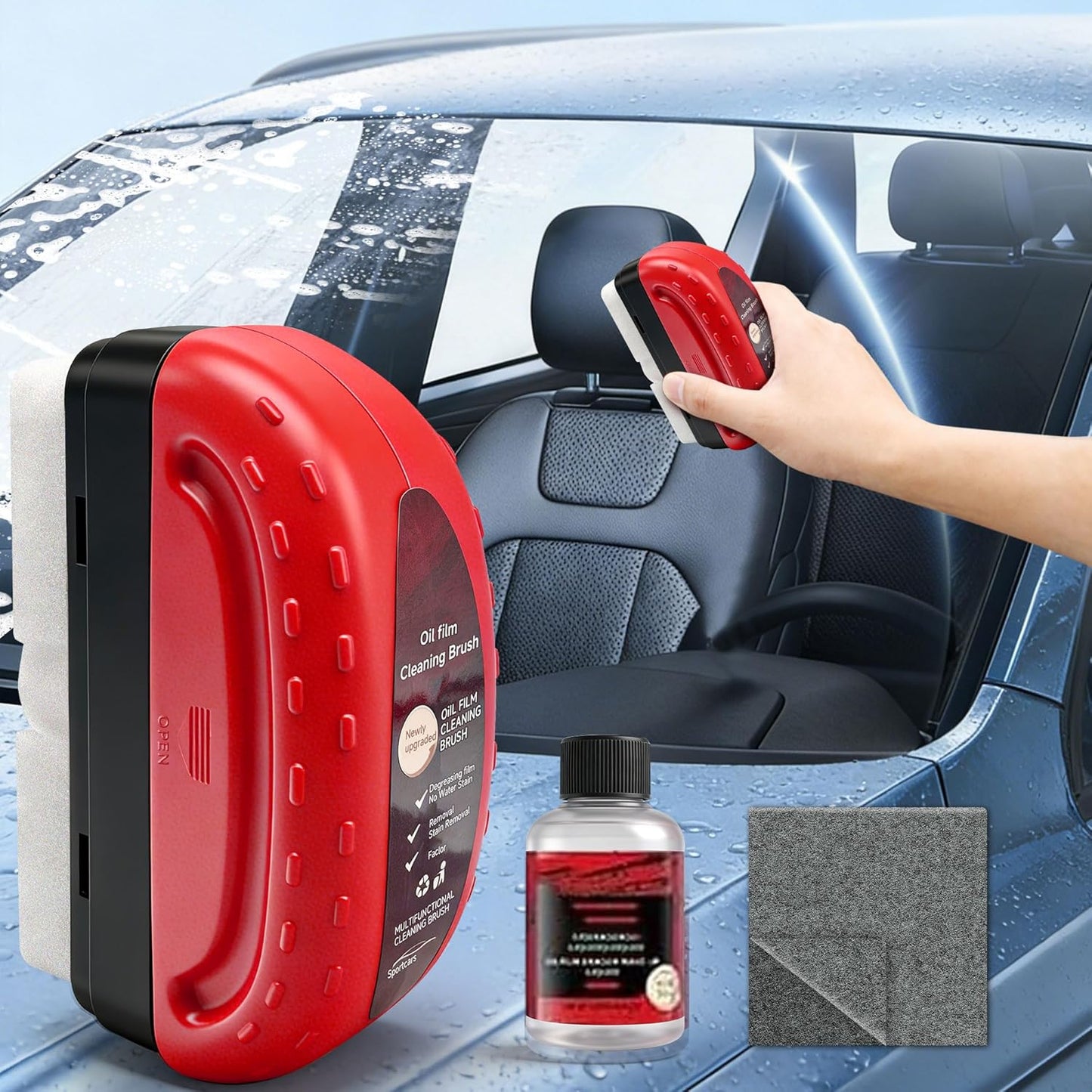 Automotive Oil Film Cleaning Brush for Car Windows Clear Vision Glass Cleaner Removes Oil Film for Crystal Clarity and Anti-Fog, Windshield Oil Film Remover Comes with Microfiber Towel for Car (Red)