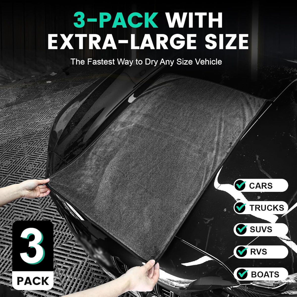 TEAWOO 3-Pack Microfiber Towels for Cars (24" x 35"), Extra Large Super Absorbent Car Drying Towel, Drying Towel for Car & Trucks, Car Towels Drying with No Streaks & Scratches