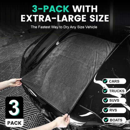 TEAWOO 3-Pack Microfiber Towels for Cars (24" x 35"), Extra Large Super Absorbent Car Drying Towel, Drying Towel for Car & Trucks, Car Towels Drying with No Streaks & Scratches