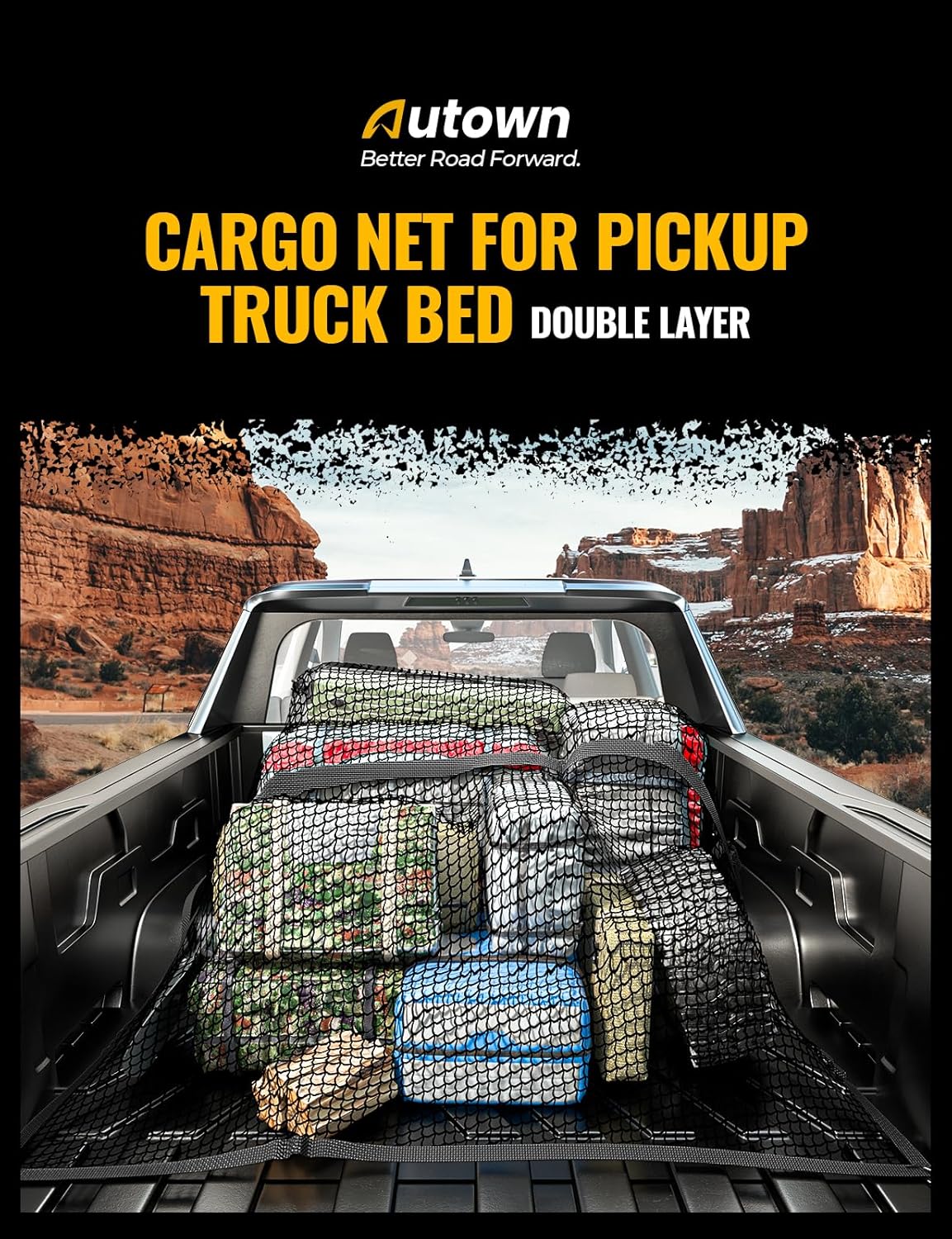 AUTOWN Cargo Net for Pickup Truck Bed - Stretchable 4'x4' to 7'x7', High Elastic Fine Mesh 1''x1'' with 8 Metal Carabiners - Ideal for ATV, SUV, UTV, Truck and Boat Use (Single Layer)