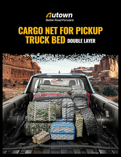 AUTOWN Cargo Net for Pickup Truck Bed - Stretchable 4'x4' to 7'x7', High Elastic Fine Mesh 1''x1'' with 8 Metal Carabiners - Ideal for ATV, SUV, UTV, Truck and Boat Use (Single Layer)