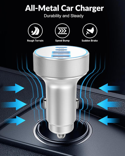 iPhone 17 16 15 Car Charger Fast Charging, 90W 4-Port USB C Fast Car Charger Cigarette Lighter Adapter with 240W 3FT USB-C Cable for iPhone 17/Air/17 Pro/17e/16/15 Pro Max/Plus/16e, iPad, Android