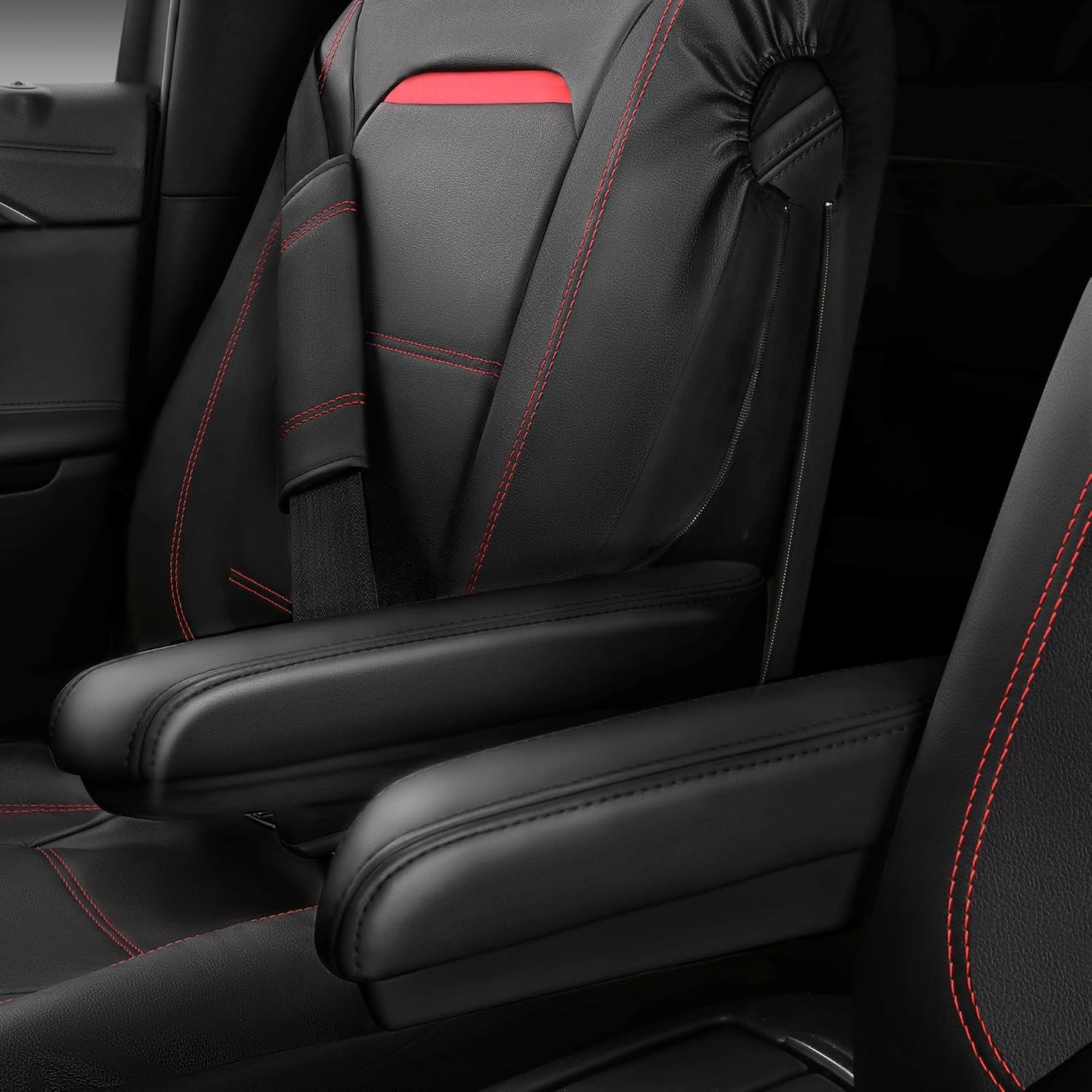 CAR PASS Universal FIT Piping Leather Two Front Seat Covers, Waterproof Faux Leather for SUV Sedan Van Truck, Airbag Compatible,Reserved Opening Holes for Headrest Covers. (Black red)