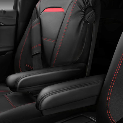 CAR PASS Universal FIT Piping Leather Two Front Seat Covers, Waterproof Faux Leather for SUV Sedan Van Truck, Airbag Compatible,Reserved Opening Holes for Headrest Covers. (Black red)