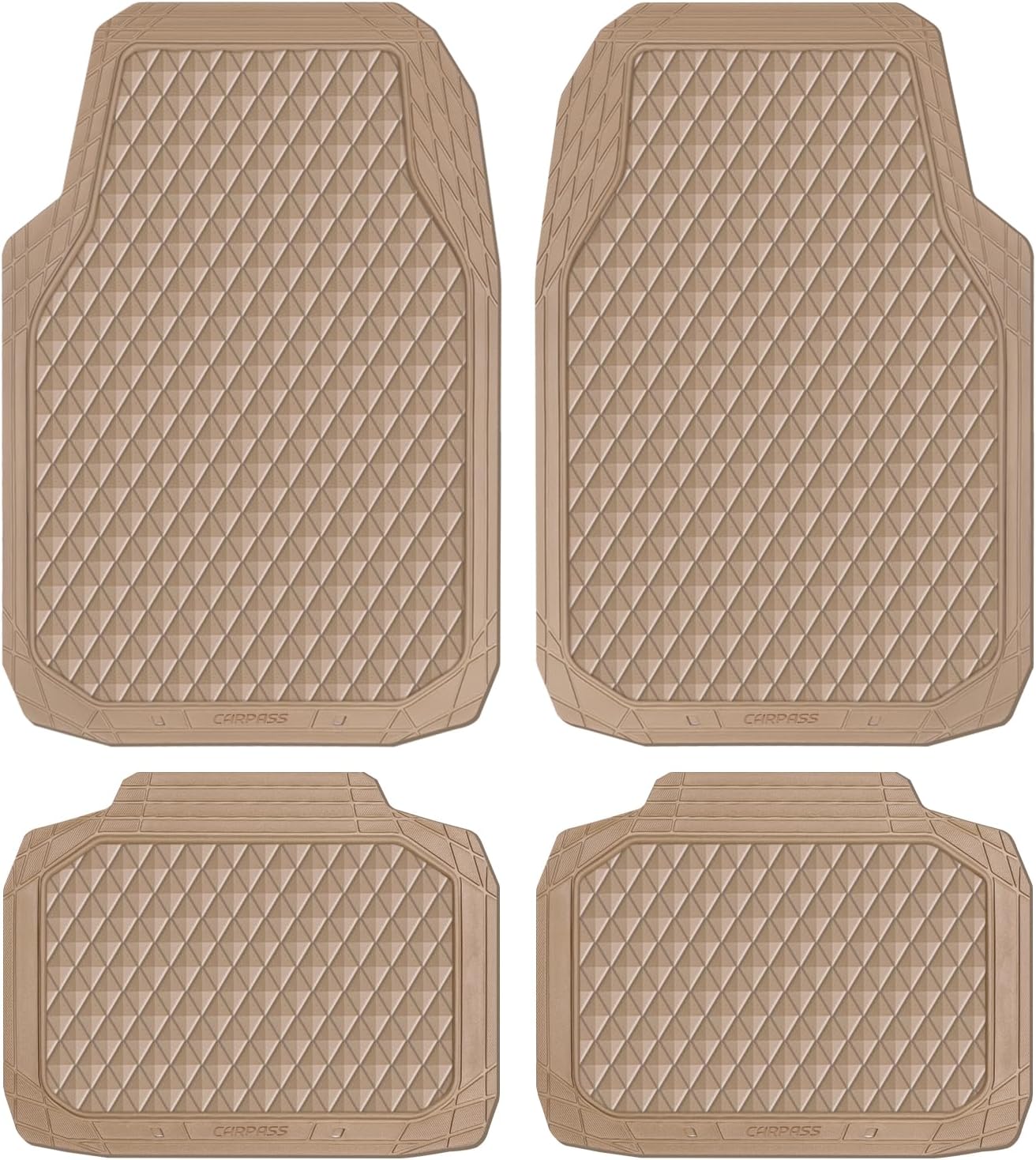 CAR PASS Black Rubber Car Mats, All-Weather Floor Mats Full Set Durable Anti-Slip 3D Rhombus Waterproof Automotive Pad Trim to Fit Liner Universal Fit for Sedan SUV Truck Van, 4 Pcs All Black Rubber