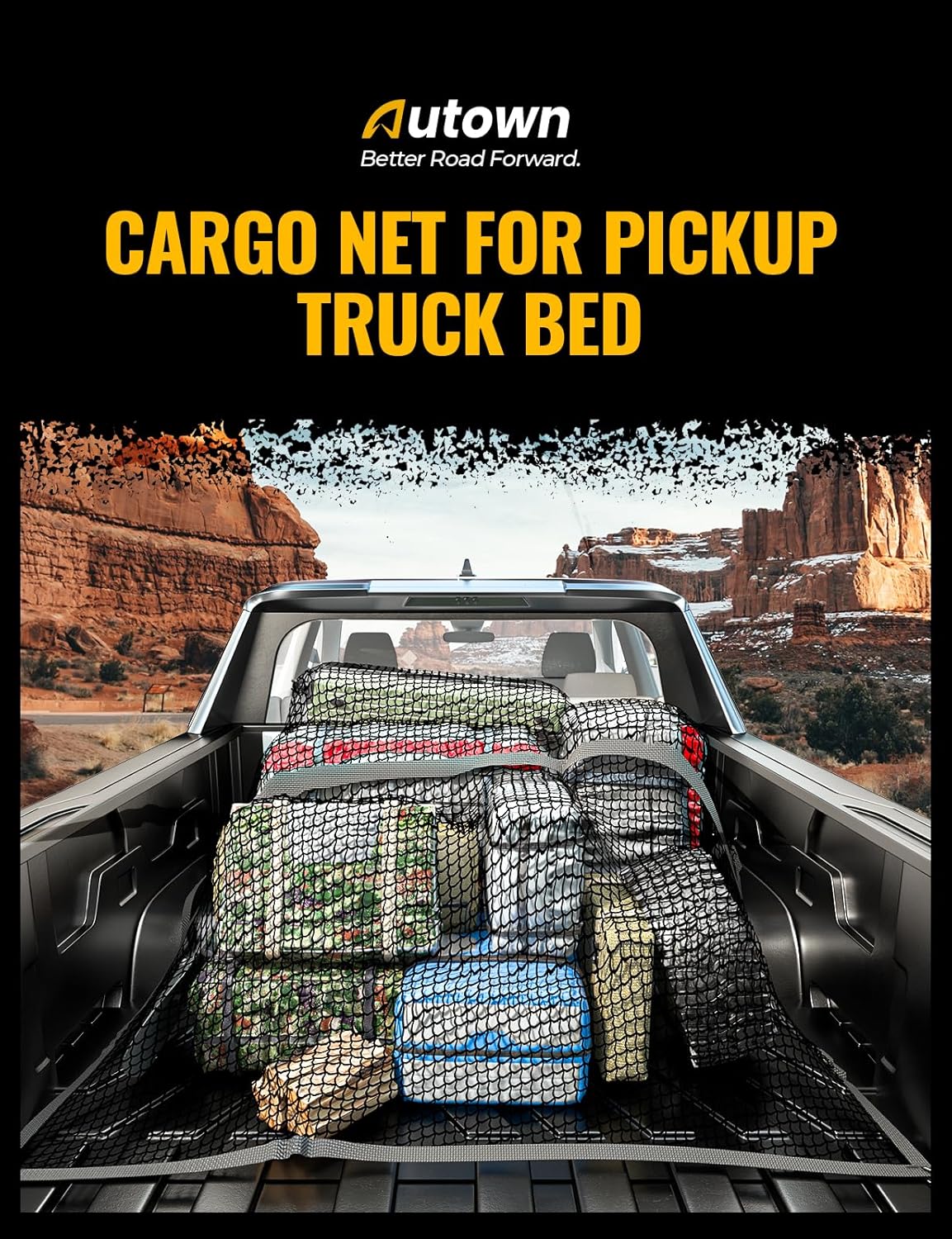 AUTOWN Cargo Net for Pickup Truck Bed - Stretchable 4'x4' to 7'x7', High Elastic Fine Mesh 1''x1'' with 8 Metal Carabiners - Ideal for ATV, SUV, UTV, Truck and Boat Use (Single Layer)